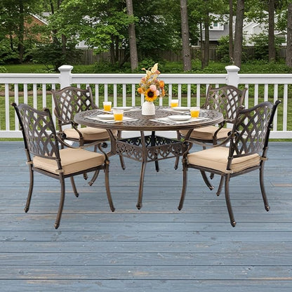 5-Piece Cast Aluminum Patio Furniture, Outdoor Dining Sets for 4 Include 54" Round Patio Dining Table and 4 Stackable Chairs with Cushions & Umbrella Hole (Bronze)