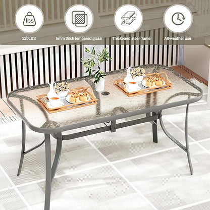 TLSUNNY Patio Outdoor Table W/ 1.69″ Umbrella Hole, 30"X 55" Rectangular Tempered Glass Patio Dining Table for 6, Outdoor Metal Furniture, All-Weather Use, for Patio, Graden, Backyard (Grey)