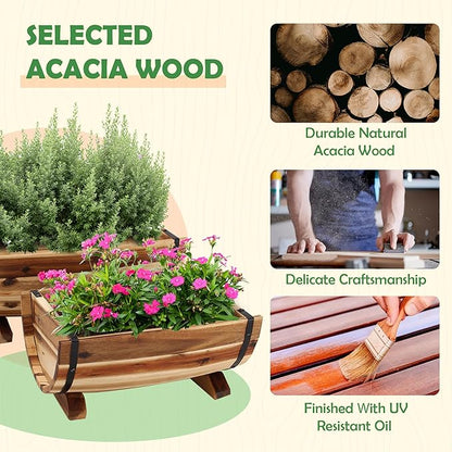 Solid Acacia Wood Half Barrel Planters Outdoor Set of 2 Different Sizes, Wooden Planters for Outdoor Plants with Metal Bands & Drainage Holes, Legs Included, Natural