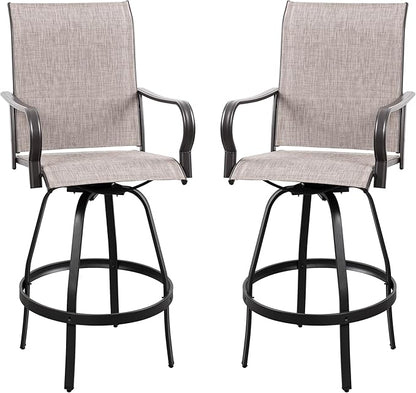 Vongrasig 2 Piece Patio Swivel Bar Chairs, All Weather Metal Textile High Swivel Bar Stools Chairs, Outdoor High Top Bistro Set for Backyard, Lawn Garden, Balcony, Taupe