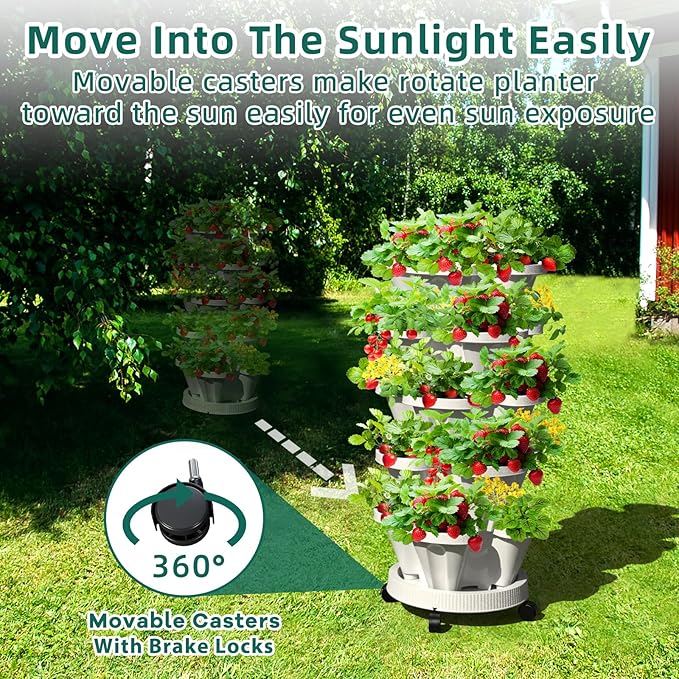 Strawberry Vertical Planters Tower Garden 3 Pack, 7 Tiered Stacking Herb Vegetable Planter with Support Pole Indoor and Outdoor - White