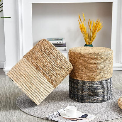 Wimarsbon Round Pouf Ottomans, Handwoven Natural Water Hyacinth Seagrass Pouffe,Outdoor Rattan Stool Accent Seat, Bohemian Coastal Home Decor (2pcs 14inch Natural Cattail-Blue)