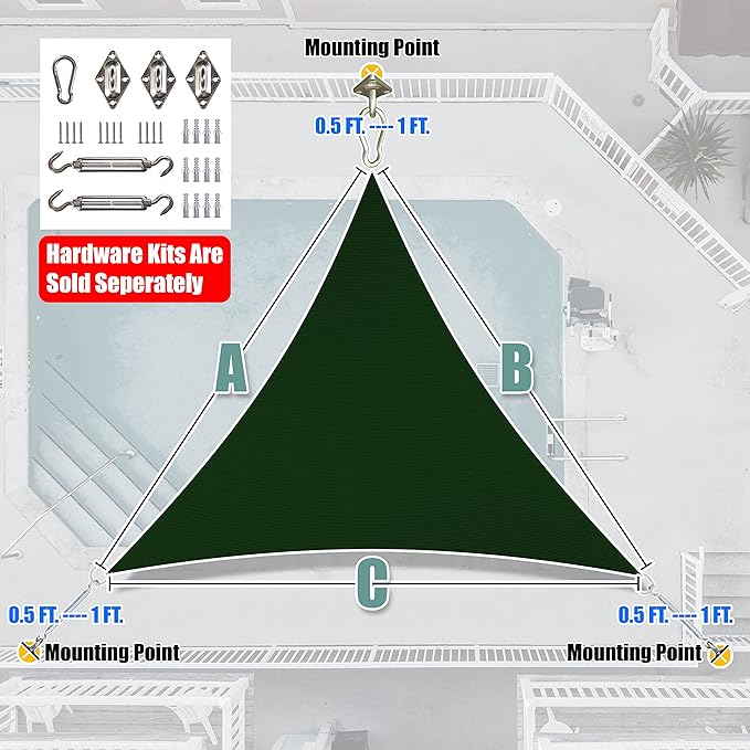 Amgo Custom Size 7' x 7' x 7' Green Triangle Sun Shade Sail UPF50+ AGTAPRT12, Order to Make Canopy Awning, 95% UV Blockage, Water & Air Permeable, Commercial Standard (We Customize)