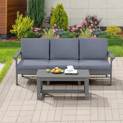 SERWALL HDPE Patio Sofa Set, 4-piece Sectional Outdoor Furniture Set, All Weather Outdoor Couch Set Patio Furniture Set for Deck, Lawn, Grey Frame with Grey Cushion