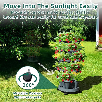 Strawberry Stackable Planters, Vertical Tower Garden, 6 Tiered Stacking Herb Vegetable Planters with Movable Casters and Bottom Saucer Indoor and Outdoor - Dark Grey