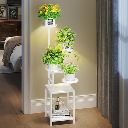 Plant Stand Indoor with Grow Light, 5-Tiered Tall Plant Stand Indoor, Metal Plant Shelf with Adjustable Light, Ideal for Living Room, Garden, Round Patio white