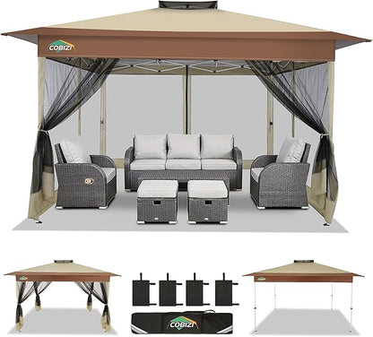 COBIZI 13x13 FT Pop up Gazebo on Clearance - Outdoor pop up Canopy Tent,carpas para Patio, Shelter - Screen Tents with Portable Carry Bag, Patio Gazebos for Camping,Garden,Deck,Backyard,Khaki