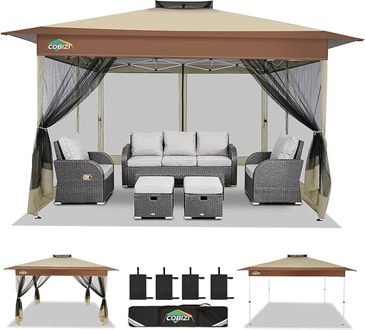 COBIZI 13x13 FT Pop up Gazebo on Clearance - Outdoor pop up Canopy Tent,carpas para Patio, Shelter - Screen Tents with Portable Carry Bag, Patio Gazebos for Camping,Garden,Deck,Backyard,Khaki