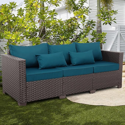 Outdoor Couch 3 Seater Sofa Outdoor Furniture Deep Seat High Backrest Patio Couch with Non-Slip Cushions and Waterproof Cover, Peacock Blue