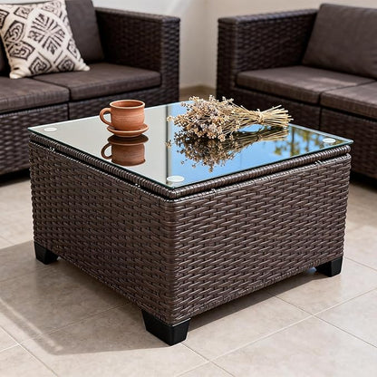 Wicker Patio Furniture - Square Outdoor Coffee Table, with Tempered Glass Tabletop & Rust-Resistant Coated Steel Frame, Compatible with Sectional Sofas, Ideal for Garden, Pool, Balcony, Black