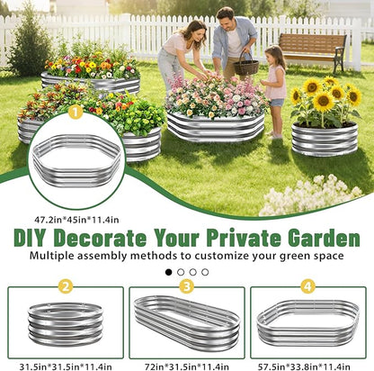 Hexagon Raised Garden Bed, 48 Inch Diagonal & 12 Inch Tall, Galvanized Steel Planter Box with Wave-Shaped Metal Panels for Outdoor Flower,Tree,Herb & Vegetable Garden (Silver, 4FT X 1FT)