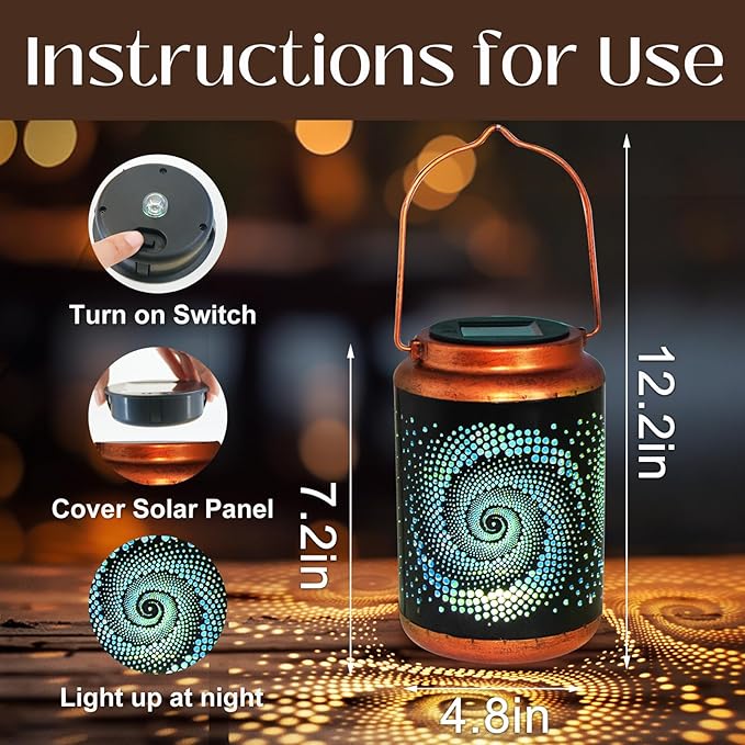 Solar Lanterns Outdoor Hanging Lantern Metal Waterproof LED Lantern with Solar Powered Garden Patio Decorations Decor with Handle Christmas Gift Idea