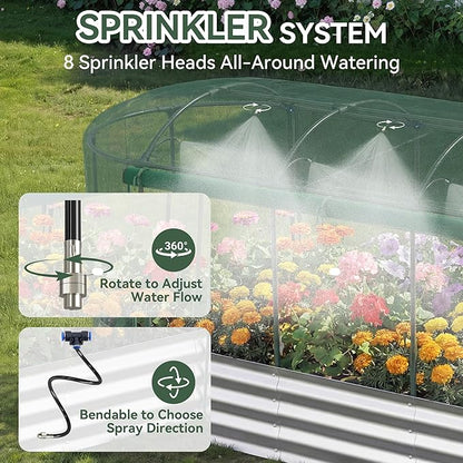 Raised Garden Bed with Sprinkler Timer and Self-Watering System, 8x3x1 ft Elevated Planter Boxes Outdoor with Mesh Cover, Oval Raised Beds for,Vegetables,Flowers, Backyard, Patio