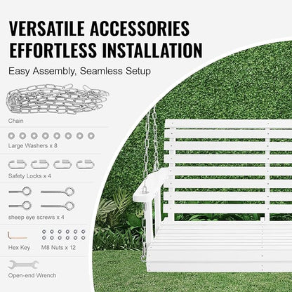 VEVOR Wooden Porch Swing 4 ft, Patio Bench Swing for Courtyard & Garden, Upgraded 880 lbs Strong Load Capacity, Heavy Duty Swing Chair Bench with Hanging Chains for Outdoors, White