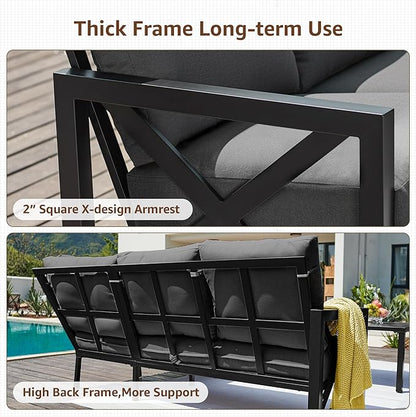 NATURAL EXPRESSIONS 6 Pieces Patio Furniture Sets, Metal Outdoor Sectional Furniture L Shape Patio Conversation Sets,Highback Frame,Metal Table,Large Waterproof Cover, 6.5" Olefin Cushions,Dark Grey