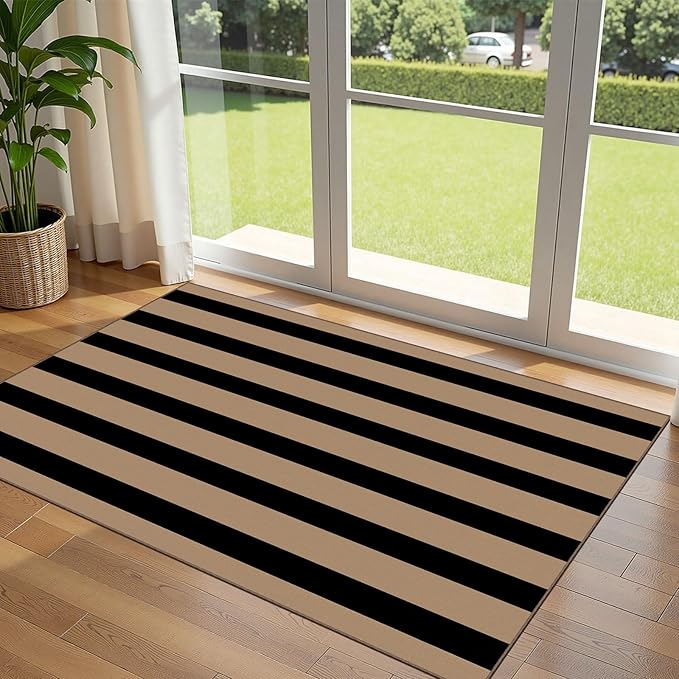 Outdoor Rug, Brown and Tan Striped Door Mat, 3 x 5 Ft, Machine Washable