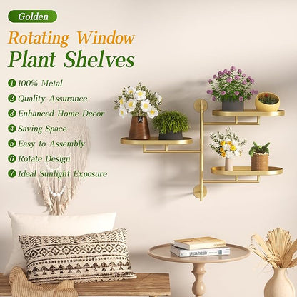 Window Rotating Plant Stand Shelf Indoor Gold Metal Floating Shelves 3-Tier Wall Mount Plant hanger Holders for Wall Planter Modern Home Decor window sill gifts