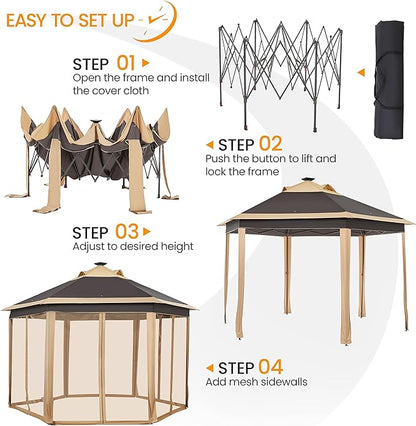 Yaheetech 13×13 Pop-Up Patio Gazebo Tent W/Mesh Netting Sides & 25 Solar LED Lights, Hexagonal Double Vented 3 Height Adjustable Gazebo with Storage Bag for Backyard, Garden, Lawn, Khaki & Brown