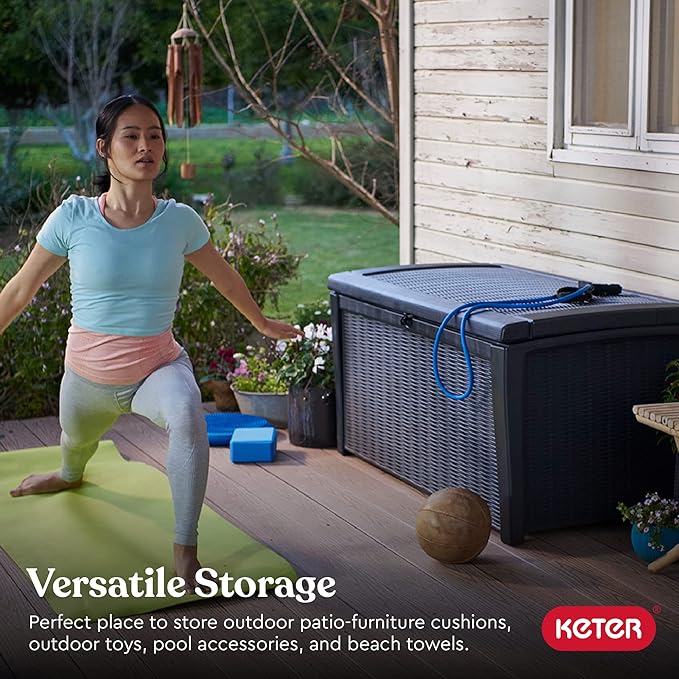 Outdoor Storage Bench, Gray Resin Deck Box with Soft-Close Lid