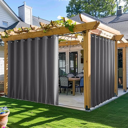 NICETOWN 2 Panels Outdoor Curtains for Patio Waterproof & Windproof, Extra Wide Grommet & Back Tab on Top & Bottom Thermal Insulated Sun Blocking Drapes with Rope for Gazebo, Grey, W100 x L108