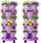 Umigy 2 Set 5 Tier Stackable Planters Vertical Garden Planters for Strawberry Herb Flower and Vegetable Indoor Outdoor Gardening Pots with Removable Wheels and Bottom(Purple)