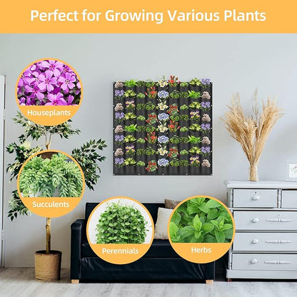 Hanging Planting Grow Bags, 72 Pockets Hanging Vertical Wall Planter Wall Mounted Grow Bag Outdoor Indoor Gardening Vertical Greening Flower Container, Planting Bags Storage Bags(1.0 m × 1.0 m, Black)