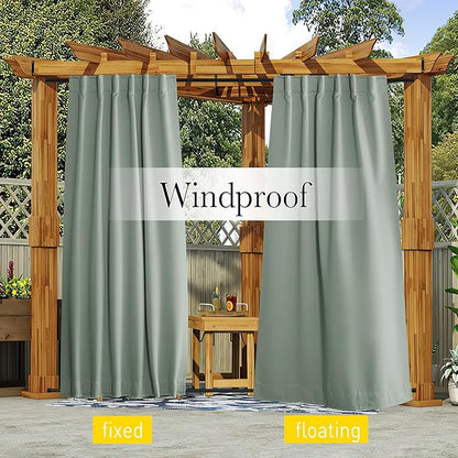 NICETOWN 2 Panels Weighted Outdoor Curtains for Patio Waterproof Pocket & Back Tab Top & Bottom, Windproof Privacy Thermal Curtains Light/Cold Block for Pergola with Rope, W52 x L84, Sage Green
