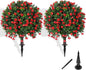 Artificial Boxwood Topiary Tree with Rose, Set of 2 Artificial Shrub Bushes with Ground Spike, Fake Evergreen Tree for Porch, Artificial Plants for Outdoor Planters Indoor UV Resistant