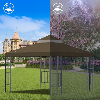 Sumfaller 10x10 FT Gazebo Replacement Canopy Top Cover Double Tiered Canopy Top Cover for Outdoor BBQ Roof Cover Grill Shelter (Dark Brown)