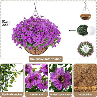 Artificial Hanging Flower for Outdoors, Fake Hanging Basket for Outside,1 Hanging Basket with 13 Pcs Faux Silk Flowers for Porch, Balcony and Patio Decor(Purple)