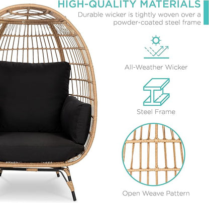 Best Choice Products Wicker Egg Chair, Oversized Indoor Outdoor Lounger for Patio, Backyard, Living Room w/ 4 Cushions, Steel Frame, 440lb Capacity - Black
