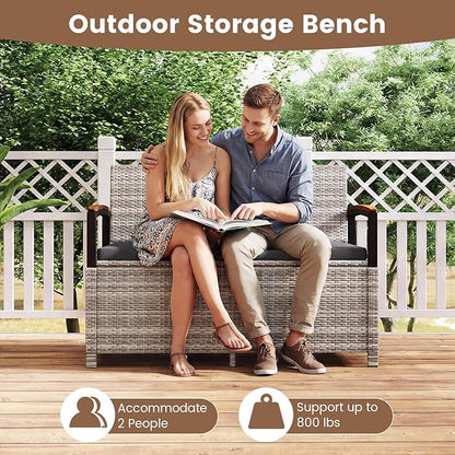 Outdoor Storage Bench with 46-Gallon Capacity and Grey PE Rattan Frame
