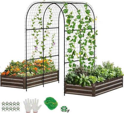 DoCred 3 in 1 Raised Garden Bed with 87in Tall Arch Trellis for Climbing Plants, Galvanized Planter Garden Box Outdoor for Gardening, Climbing Vegetables, Flower