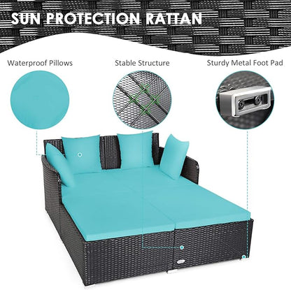 Tangkula Outdoor Rattan Daybed, Sunbed Wicker Furniture w/Spacious Seat, Upholstered Cushion & High-Resilience Sponge, Wicker Patio Sofa Set w/Extra Pillows for Courtyard Poolside(Turquoise)