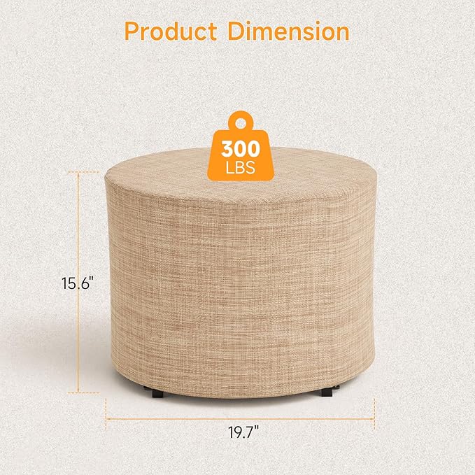 ONBRILL Outdoor Round Ottoman, All Weather Outdoor Footstool with Supportive Textliene, Patio Footrest with Sturdy Metal Frame, Multipurpose Outdoor Furniture for Patio, Balcony, Pool, Indoor, Beige