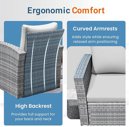Wisteria Lane 5 Piece Patio Furniture Set, Wicker Outdoor Patio Conversation Furniture Set, All Weather Outdoor Patio Sofa with Cushion and Glass Table, Grey