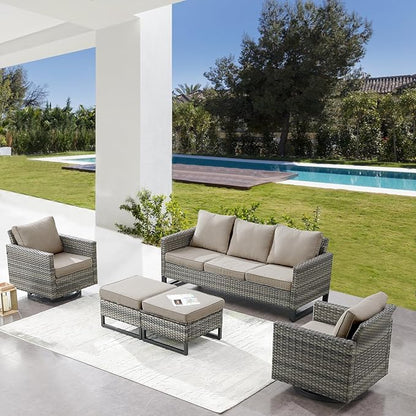 Belord Wicker Patio Furniture 5 Piece Outdoor Sofa Set, Oversize Outdoor Swivel Rocker Chairs with Rattan Ottomans, Conversation Sets Patio Furniture Come with Removable Washable Cushion Grey