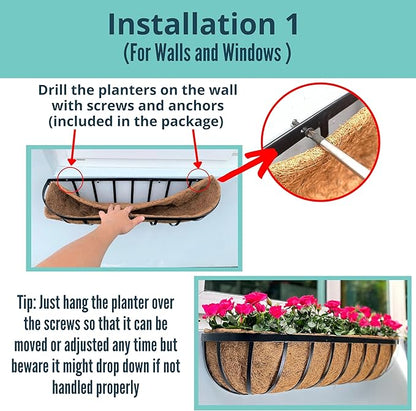 LaLaGreen Outdoor Wall Planter for Plants (24 Inch, 8 Pack) Large Black Metal Basket with Coco Liner, Window Flower Box Deck Railings Hanging Balcony Plant Holder Pot Garden Fence Balcony Patio Rail