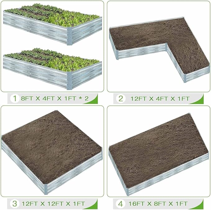 Galvanized Steel Garden Bed 3-Pack, 8x4x1ft Large Raised Planter Box for Vegetables, Outdoor Metal Garden Kit with Overlapping Side Panels, Strong & Stable