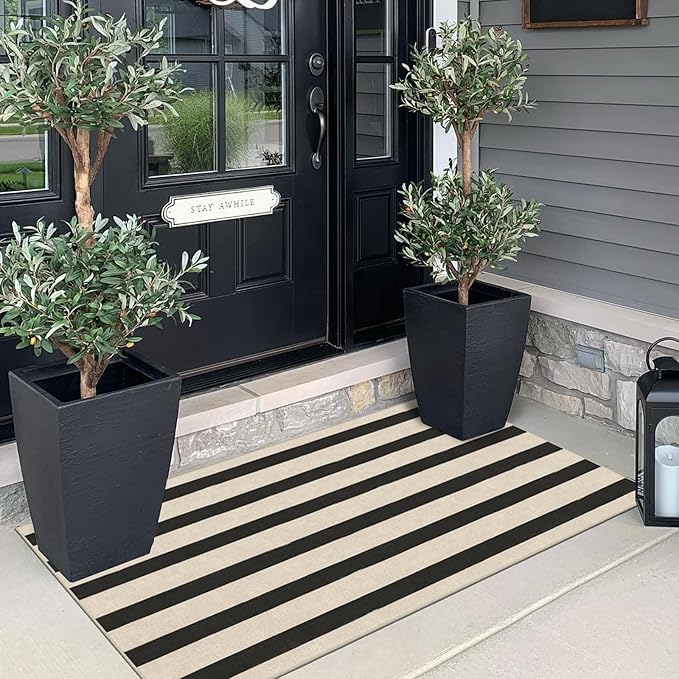 Outdoor Rug Door Mat, Black and White Stripe, 2 x 4.3 ft