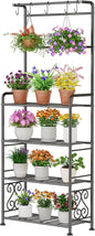 Plant Stand Indoor Outdoor Heavy Duty Metal - 68.4" Tall 4-Tier Shelf for Multiple Plants, Flowers, Rustproof Black Storage Rack for Patio, Balcony, Living Room, Garden, Includes Hooks&Adjustable Feet