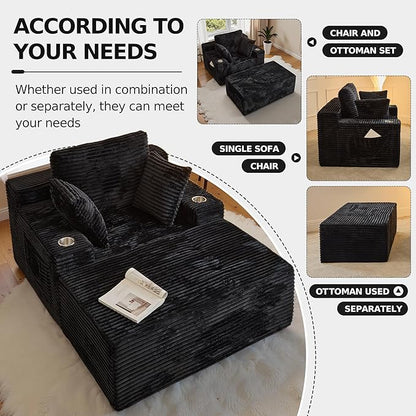 CHORRO67 Chaise Lounge Chair Indoor,Oversized Boneless Single Sleeeper Couch Bed,Corduroy Cloud Sofa with 3 Soft Pillows for Livingroom,Bedroom,No Assembly (Black)