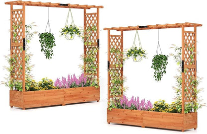 Giantex Set of 2 Raised Garden Bed with Trellis & Hanging Roof, Wood Planter Box with Bottom and Drainage Holes, Freestanding Garden Planter for Flower Vegetable Fruit Herb Climbing Vines, 77"x17"x72"