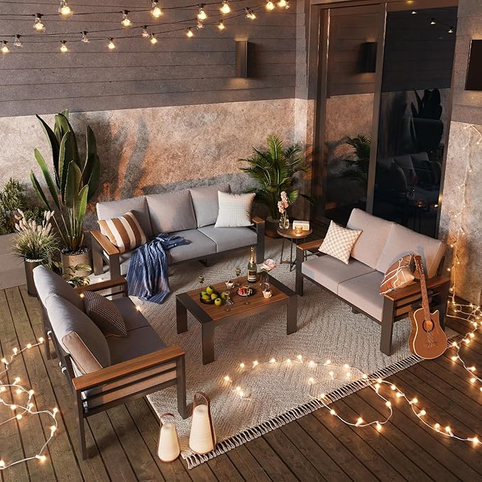 Aoxun Aluminum Outdoor Patio Furniture Set, 7 Seats Outdoor Sectional with Coffee Table, Patio Conversation Sets with Upgraded Armrests and Cushions for Backyard, Garden and Poolside（Grey）