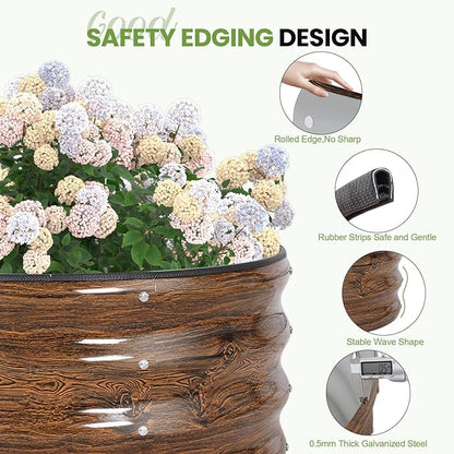 G GOOD GAIN Round Raised Garden Bed - 3Pcs 2x2x1ft Galvanized Steel Planter Boxes Outdoor with Rubber Edge Trim | Metal Raised Beds for Gardening Vegetables Flowers Fruits Herbs (Wood Grain)