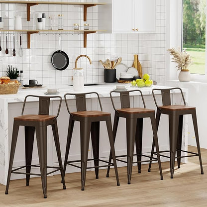 WENTMENT Bar Stools Set of 4 Counter Height Bar Stools Metal Barstools with Removable Back 30" Kitchen Bar Stools with Wooden Seat, Rusty