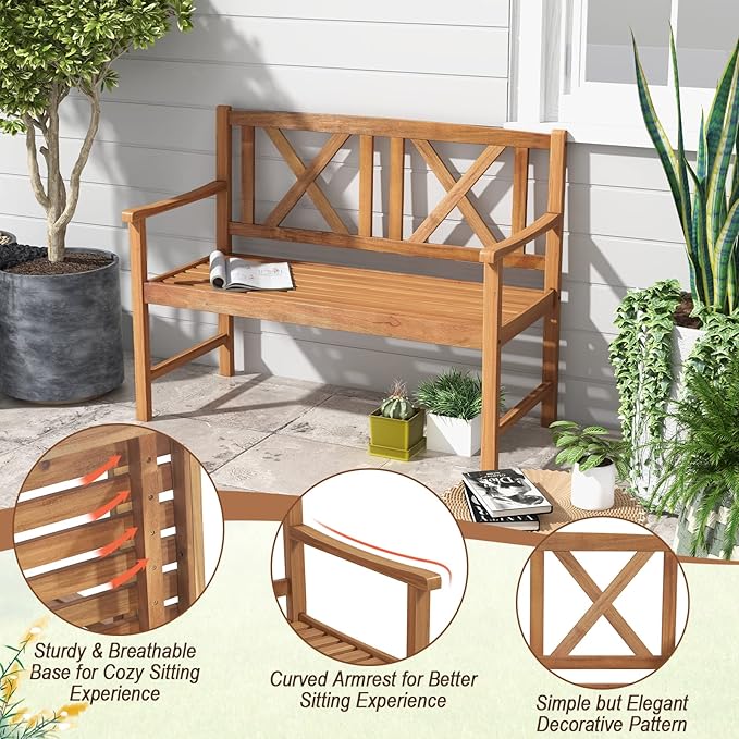 Giantex Patio Garden Bench Loveseat - 2-Person Acacia Wood Bench with Armrest, Backrest, Sturdy Frame, 800lbs Capacity, Outside Park Bench for Patio, Yard, Front Porch, Outdoor Garden Bench, Natural