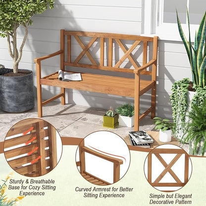 Giantex Patio Garden Bench Loveseat - 2-Person Acacia Wood Bench with Armrest, Backrest, Sturdy Frame, 800lbs Capacity, Outside Park Bench for Patio, Yard, Front Porch, Outdoor Garden Bench, Natural