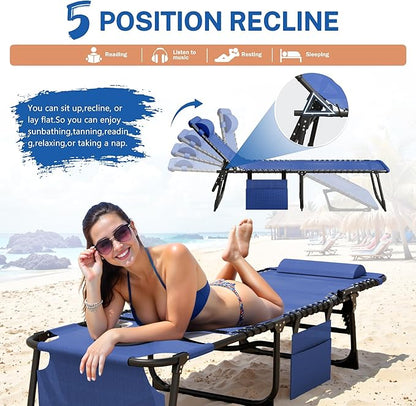 Devoko Beach Lounge Chair, Outdoor Sun Tanning Chair with Face Hole, Heavy Duty Folding Portable Lay Chaise Lounge Chairs for Outside Beach Pool Camping Patio, Blue