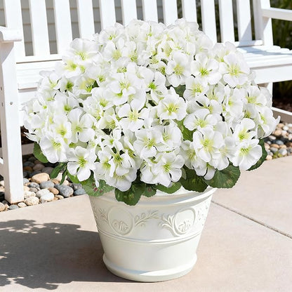 Artificial Geranium Flowers for Outdoors, 6 Bundles Realistic Silk Fake Geranium, No Fade Faux Plants for Hanging Baskets, Window Boxes, Pots - Porch, Patio, Balcony Decor(White)